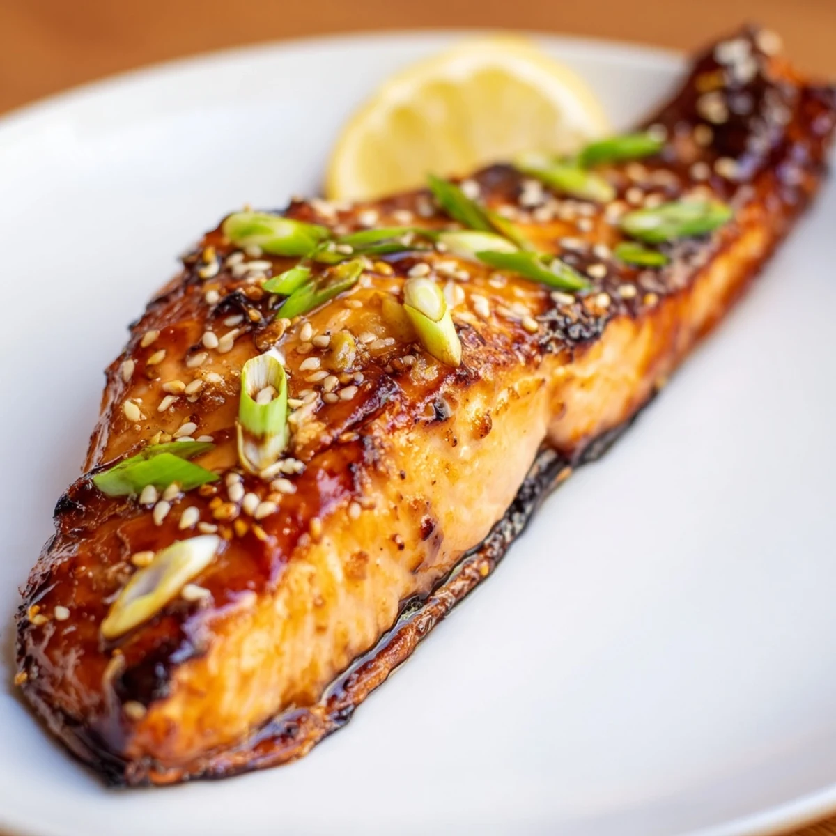 Golden-brown Ginger Soy Glazed Salmon glistening with a sweet, savory sauce, ready to serve, deliciously aromatic.