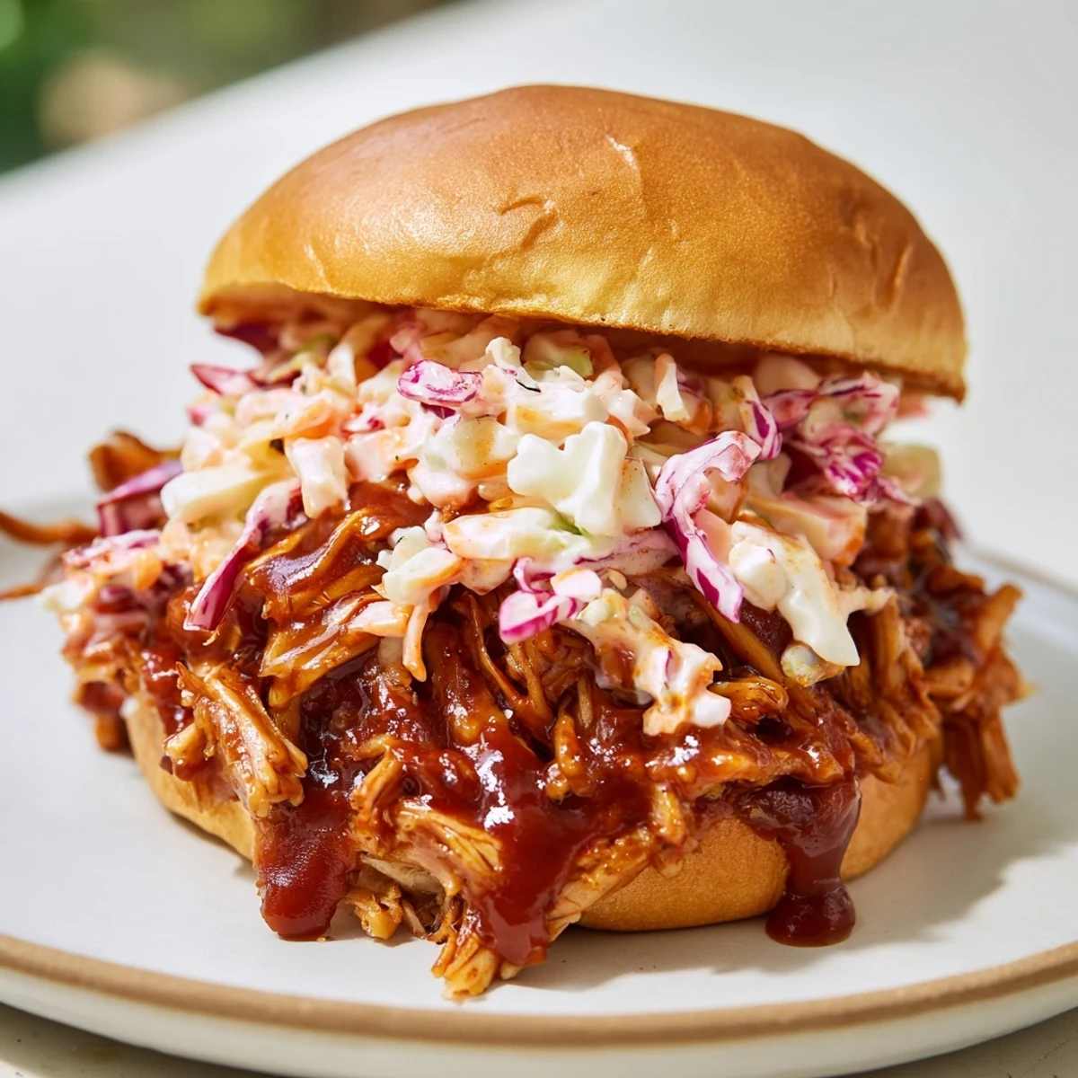 Close-up of savory BBQ jackfruit filling spilling from fluffy slider buns—a vegan favorite.