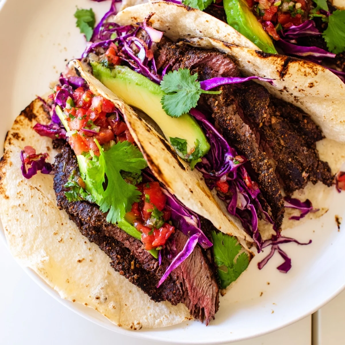 These flavorful Coffee-Rubbed Steak Tacos feature tender steak, colorful toppings, and fresh cilantro sprigs.