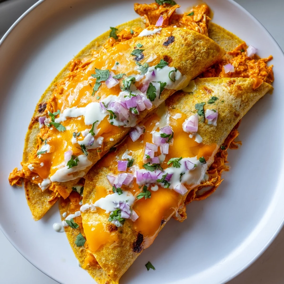 A perfectly-grilled Buffalo Chicken Quesadilla, featuring spicy chicken and a creamy, cheesy interior.