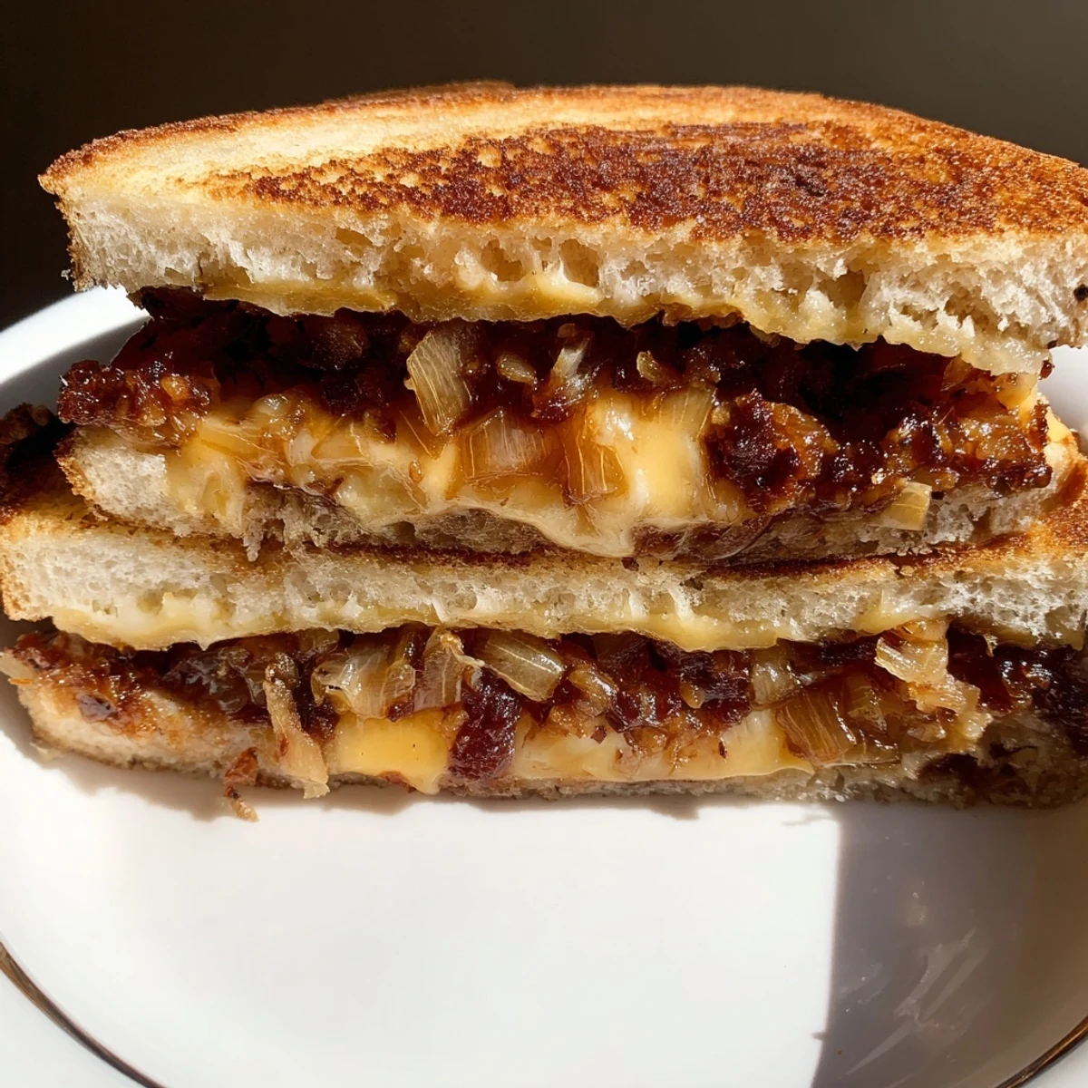 A close-up of a perfectly grilled Bacon Jam Grilled Cheese with crispy bacon peeking out.