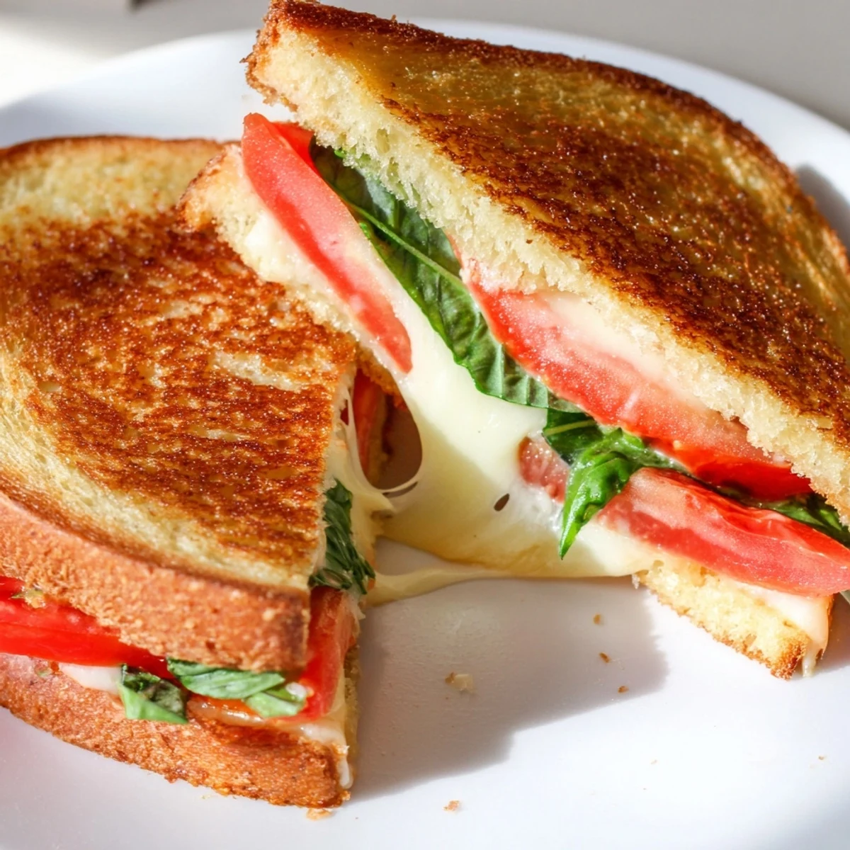 Enjoy a warm, comforting tomato basil grilled cheese, featuring melted cheese and aromatic basil.