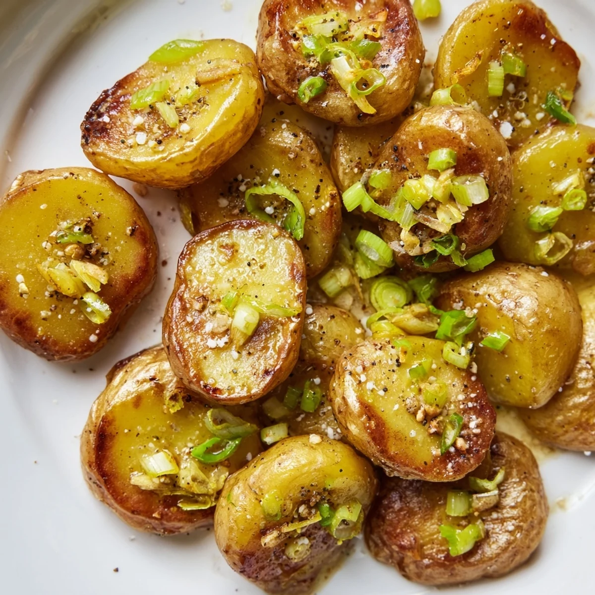 Golden brown Smashed Green Onion Potato Bombs ready to eat, served with flaky salt and pepper.