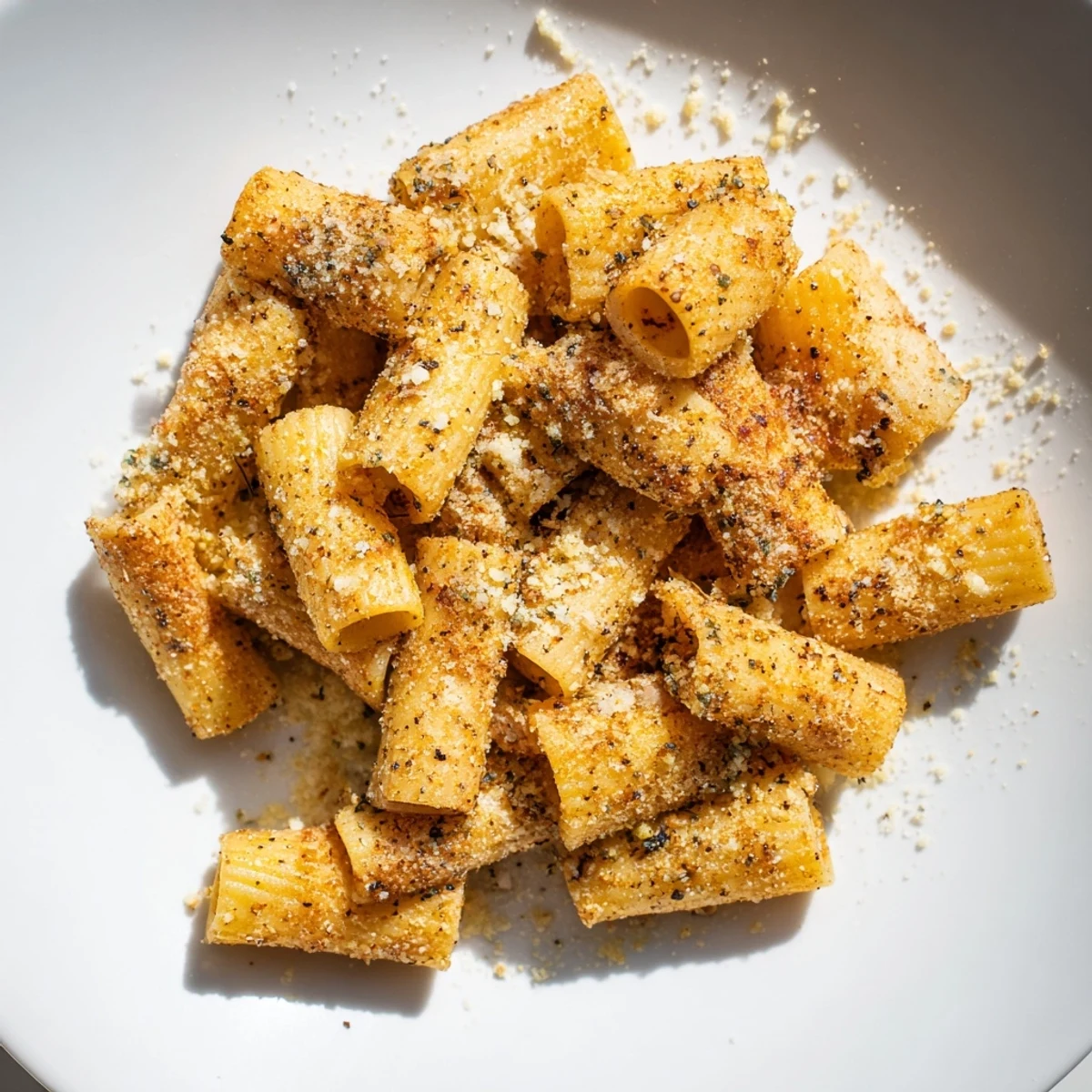 Air-fried pasta chips, a crunchy textured appetizer with herbs and Parmesan cheese, ready to enjoy.