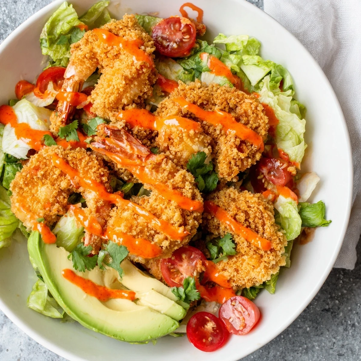 A close-up shot of a vibrant Spicy Crispy Shrimp Salad ready to be enjoyed as a meal.