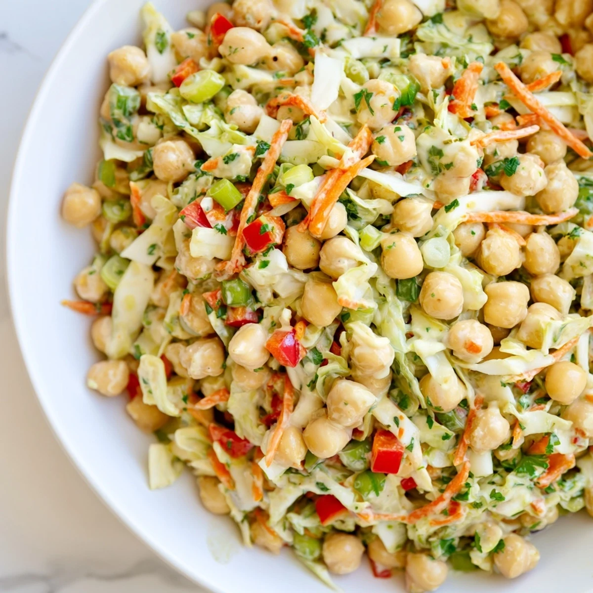 This delicious fiber-forward chickpea salad offers a Mediterranean flavor with fresh ingredients, ready to eat.