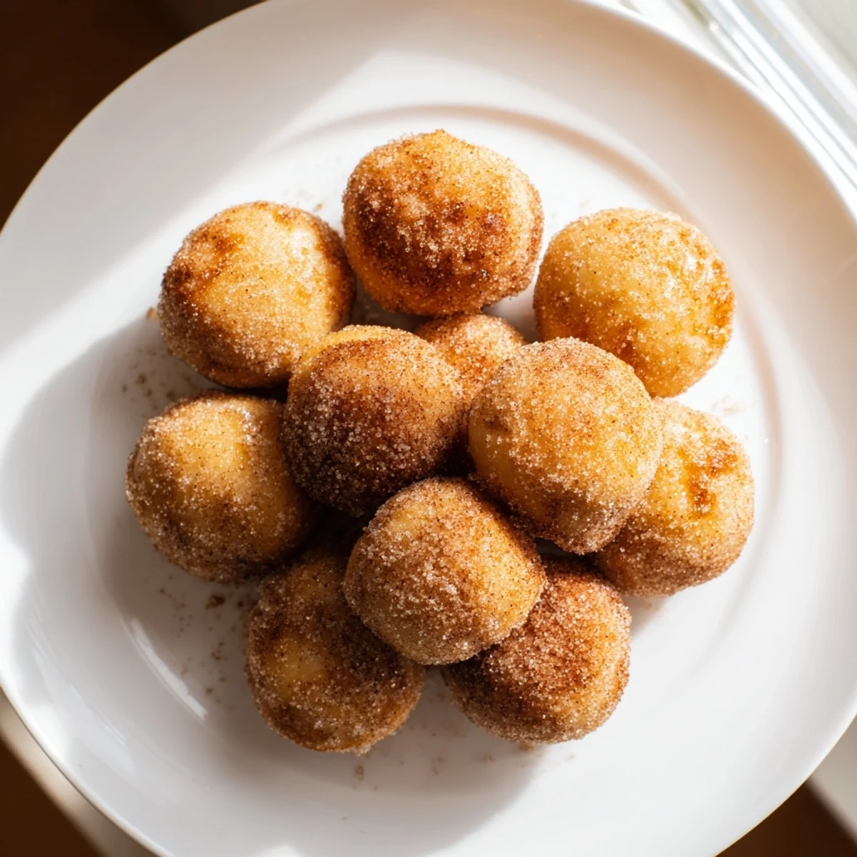 Air Fryer Cinnamon Donuts, golden brown and coated in sweet cinnamon sugar, ready to eat.