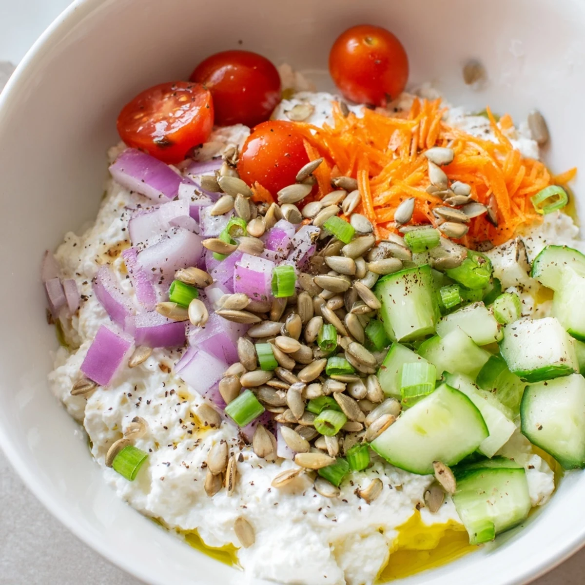 Savory Cottage Cheese Snack Bowl, brimming with fresh veggies and crunchy sunflower seeds.