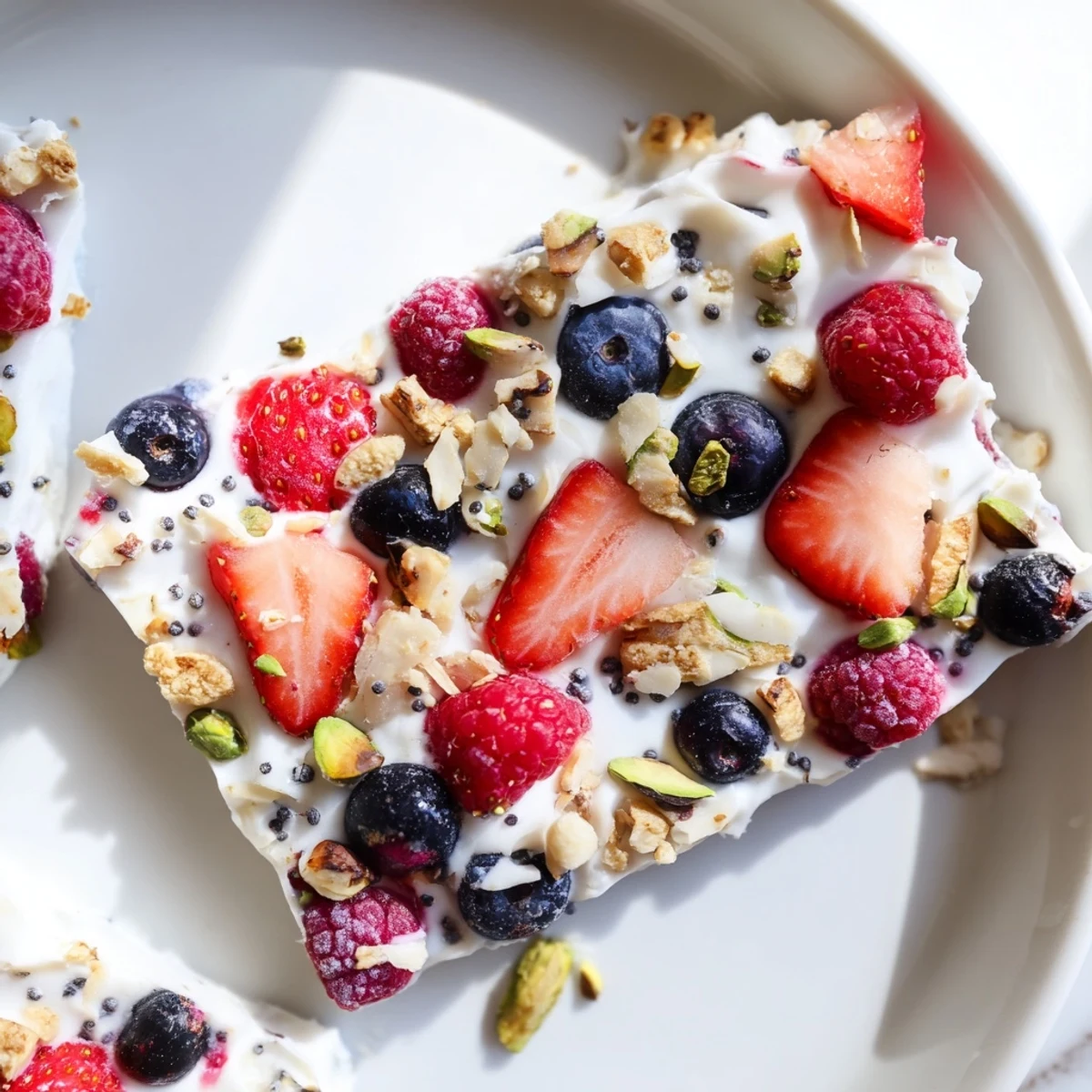 Colorful, frozen fruit yogurt bark with berries and nuts, a healthy snack bursting with flavor.