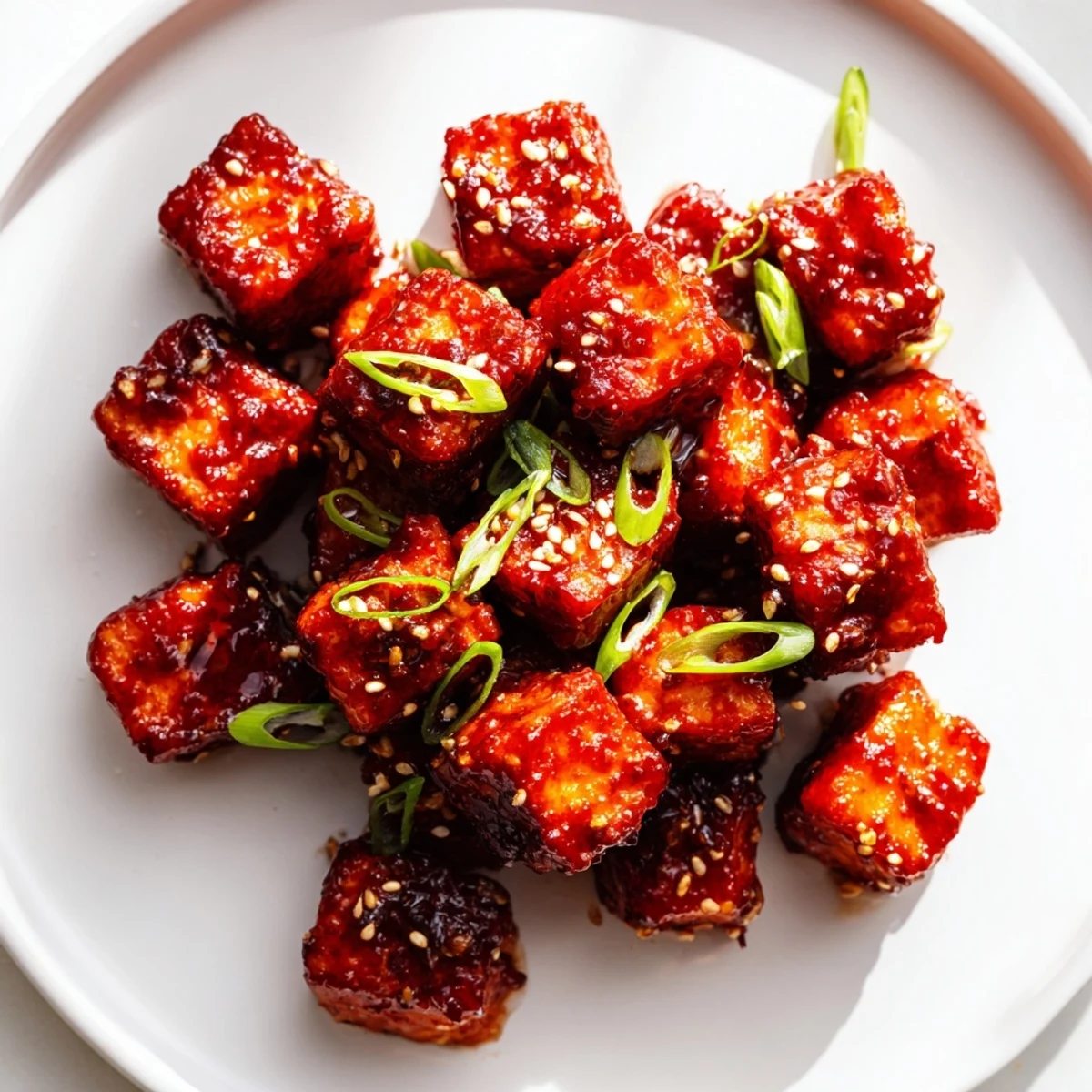 Golden-brown honey gochujang tofu cubes, perfectly glazed and ready to serve over rice.