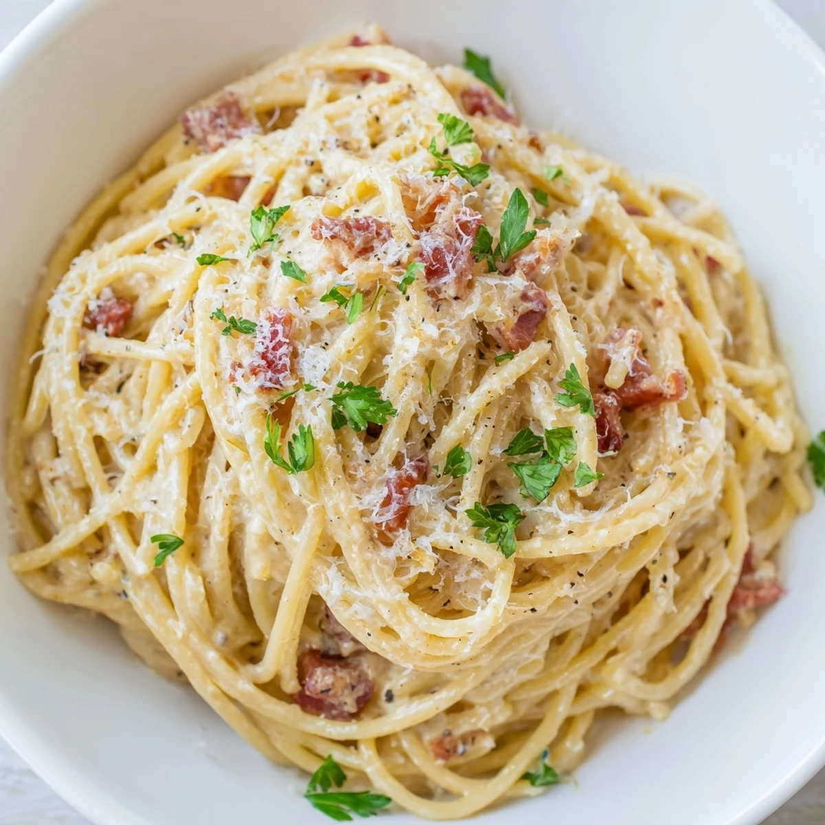 Ramen Carbonara Hack: Creamy noodles coated in a rich egg and cheese sauce, ready to be enjoyed.