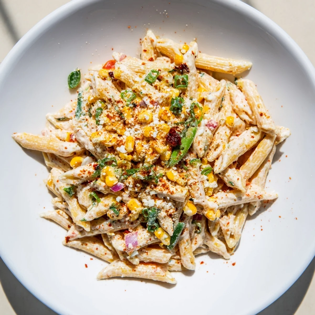 A colorful bowl of Mexican Street Corn Pasta, showcasing creamy pasta and charred corn.