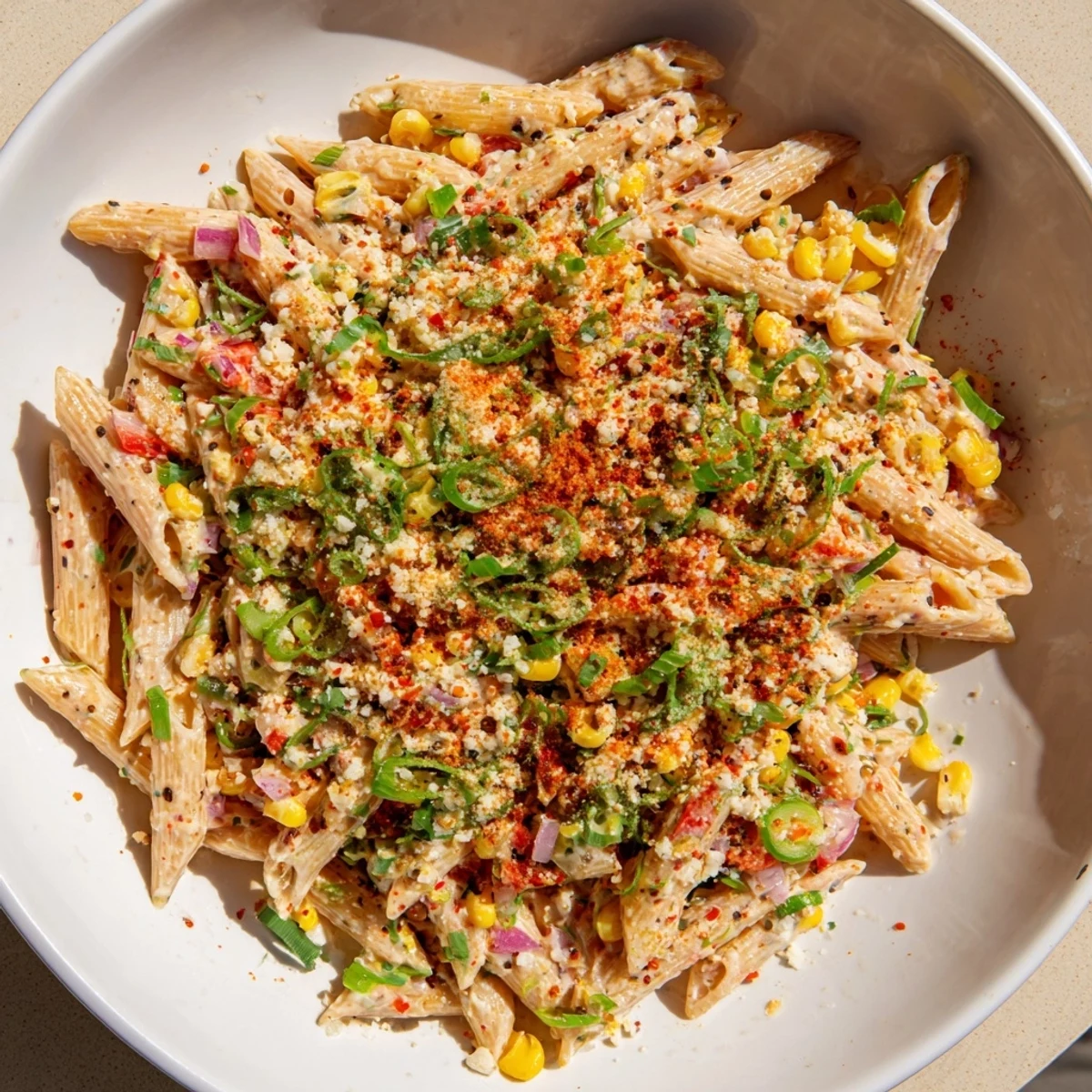 Bright photo of Mexican Street Corn Pasta, featuring vibrant vegetables and crumbled cotija cheese.