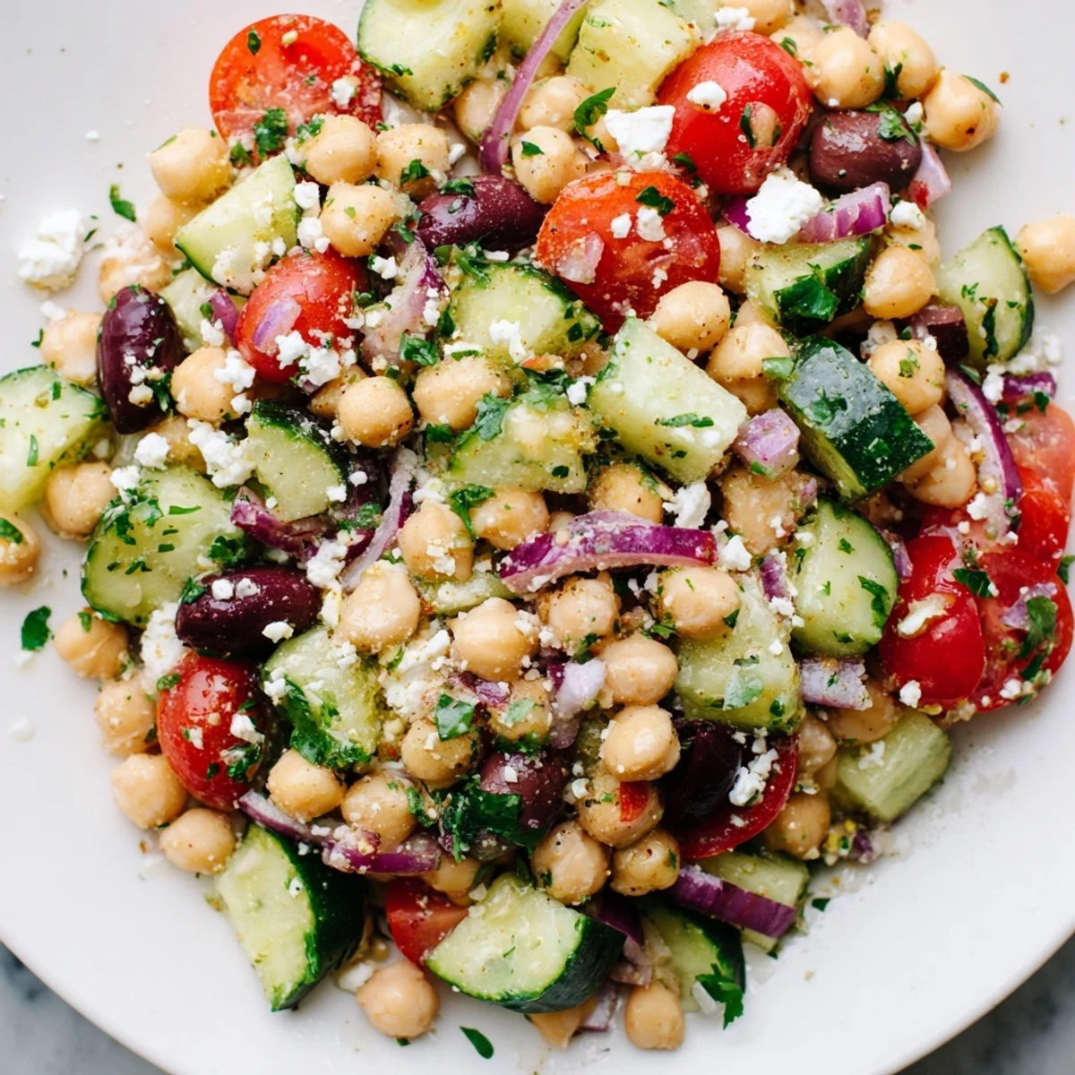 Close-up of a refreshing Mediterranean chickpea salad with feta, olives and a zesty lemon dressing.