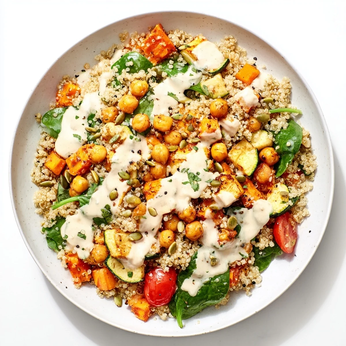 A colorful Quinoa Power Protein Salad showcasing roasted vegetables and a bright tahini dressing for lunch.