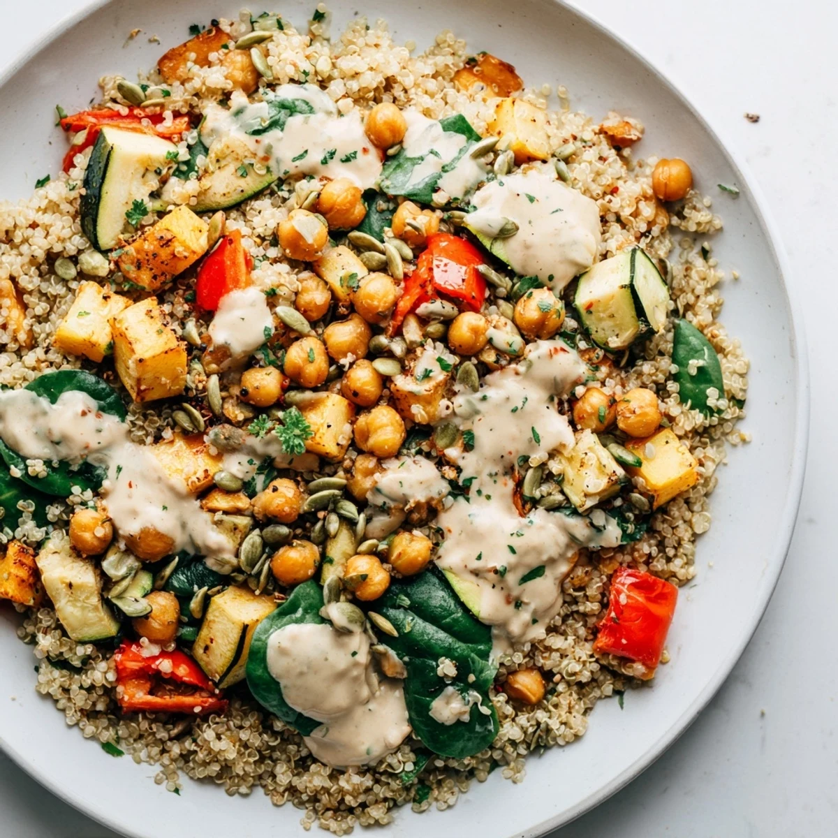 This hearty Quinoa Power Protein Salad features fluffy quinoa, chickpeas, herbs, and tasty roasted vegetables.