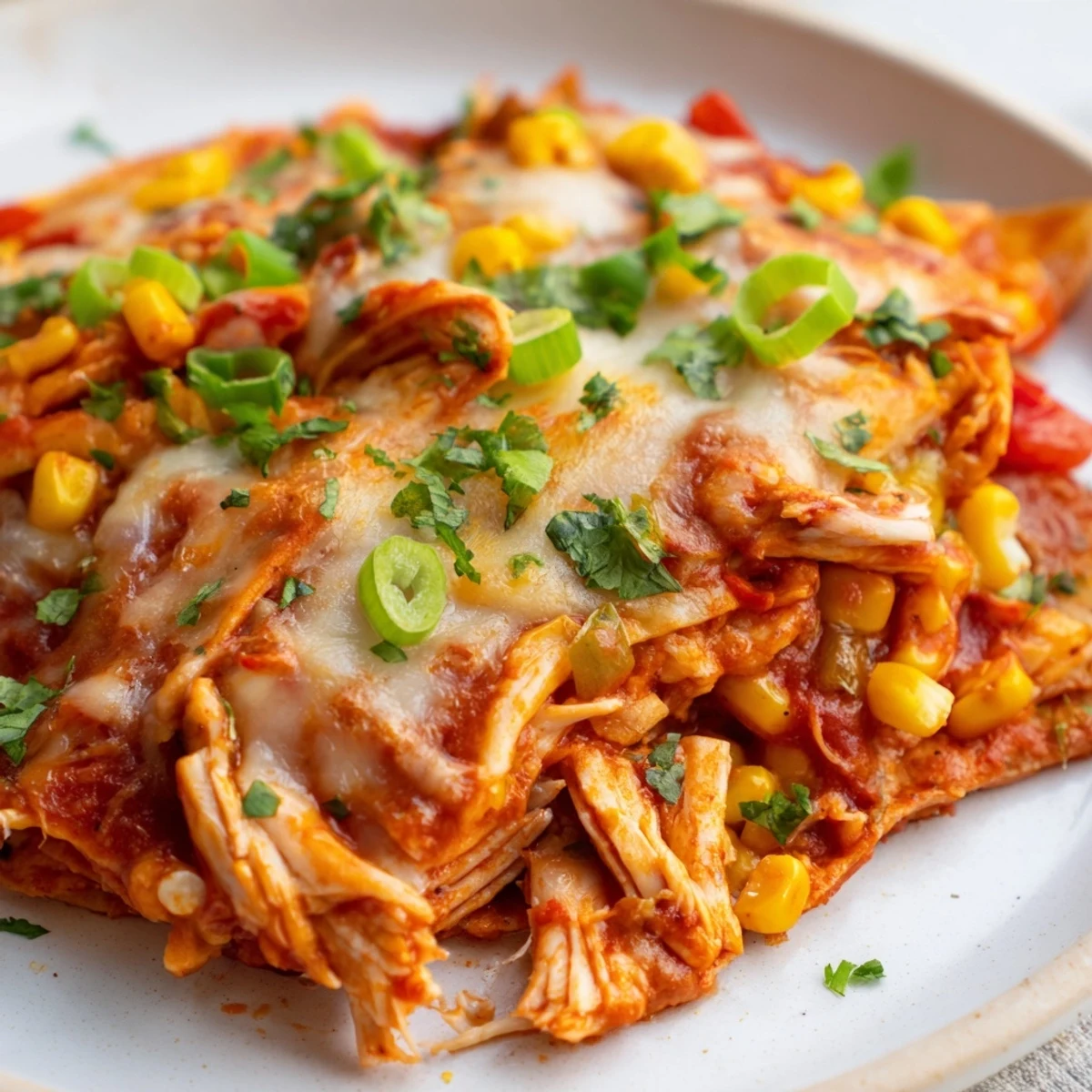 Golden brown cheese blankets this easy Chicken Enchilada Skillet, filled with savory chicken and veggies.