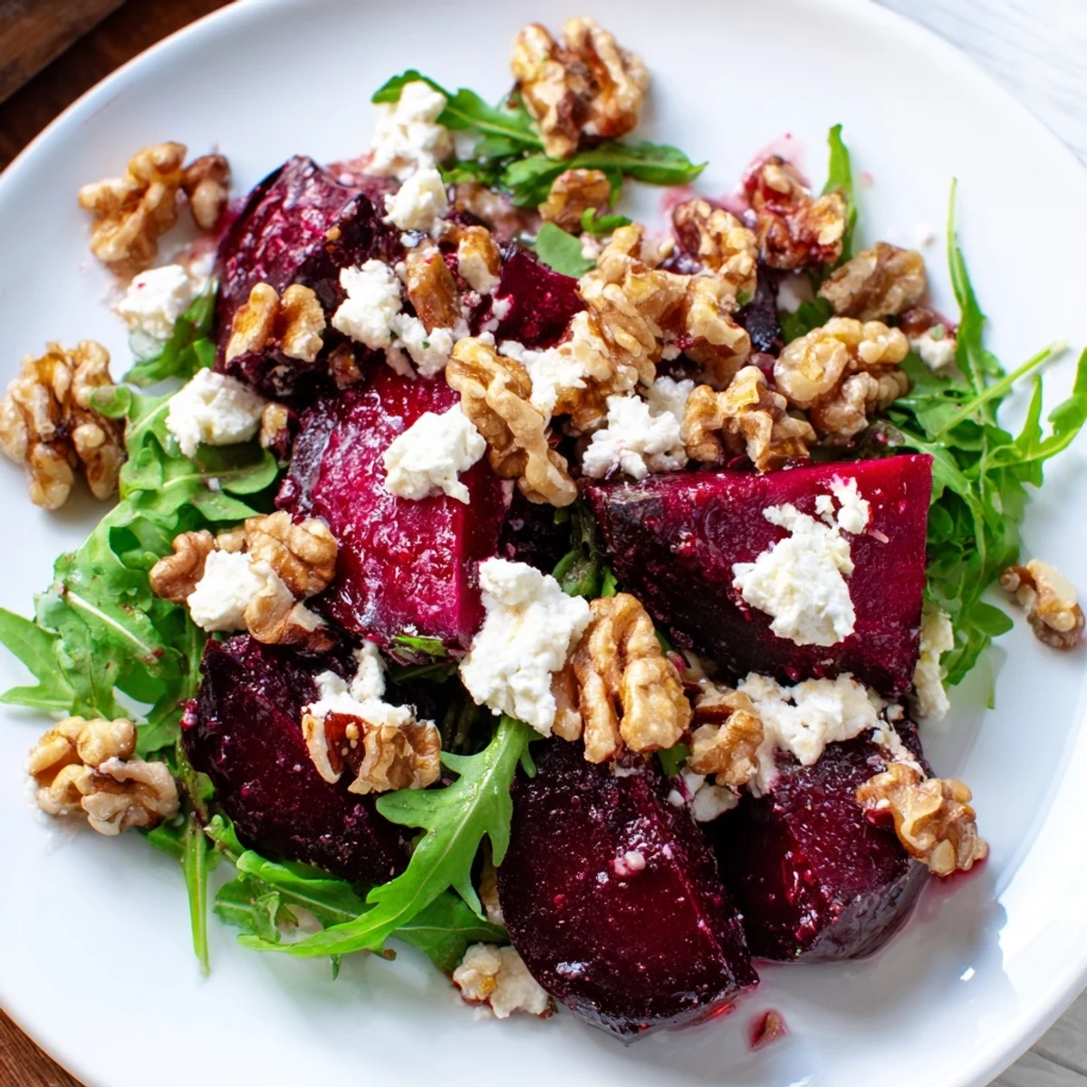 Bright red roasted beet wedges rest atop a fresh and colorful Roasted Beet Walnut Salad.