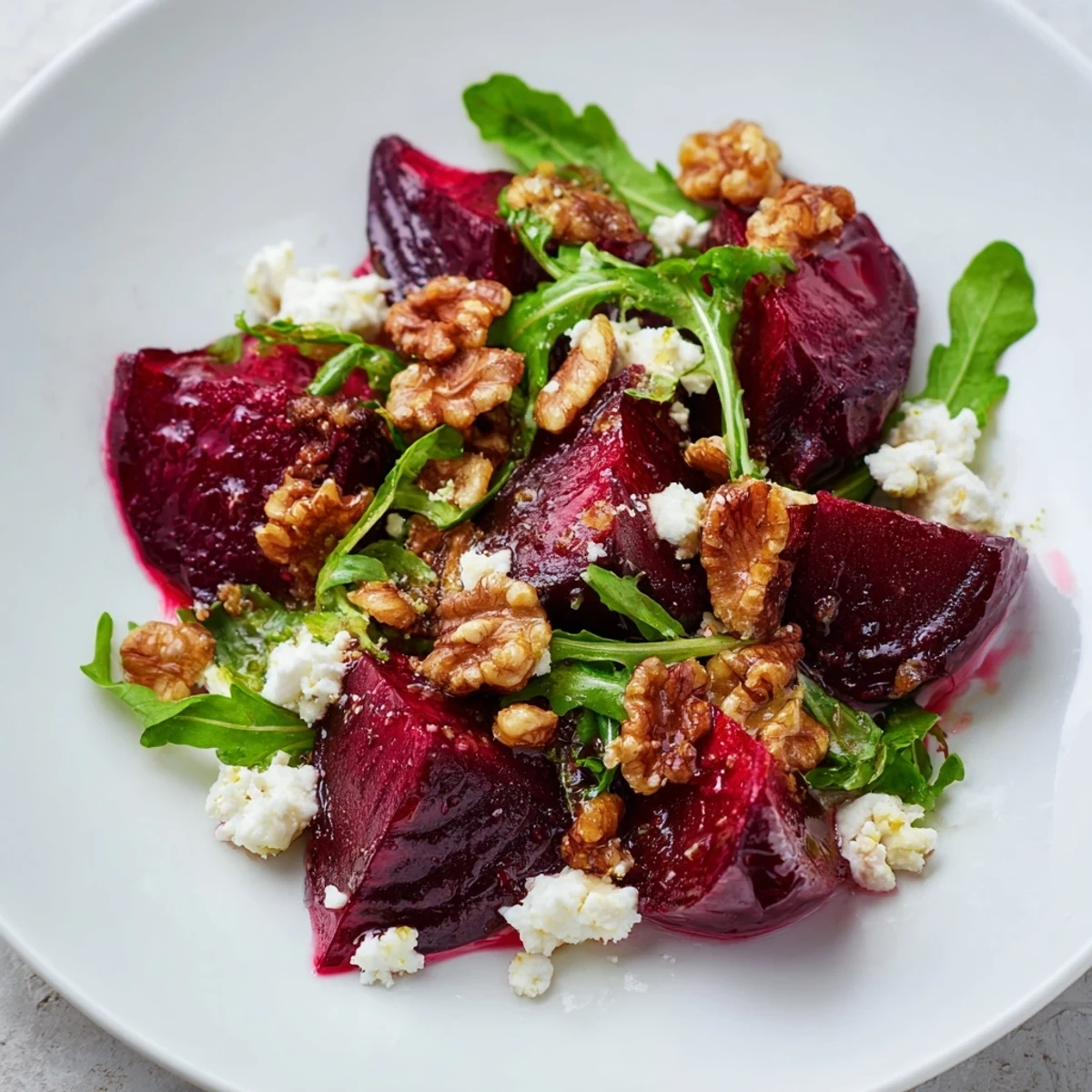 Showcasing the vibrant colors of a fresh Roasted Beet Walnut Salad ready to eat and enjoy.