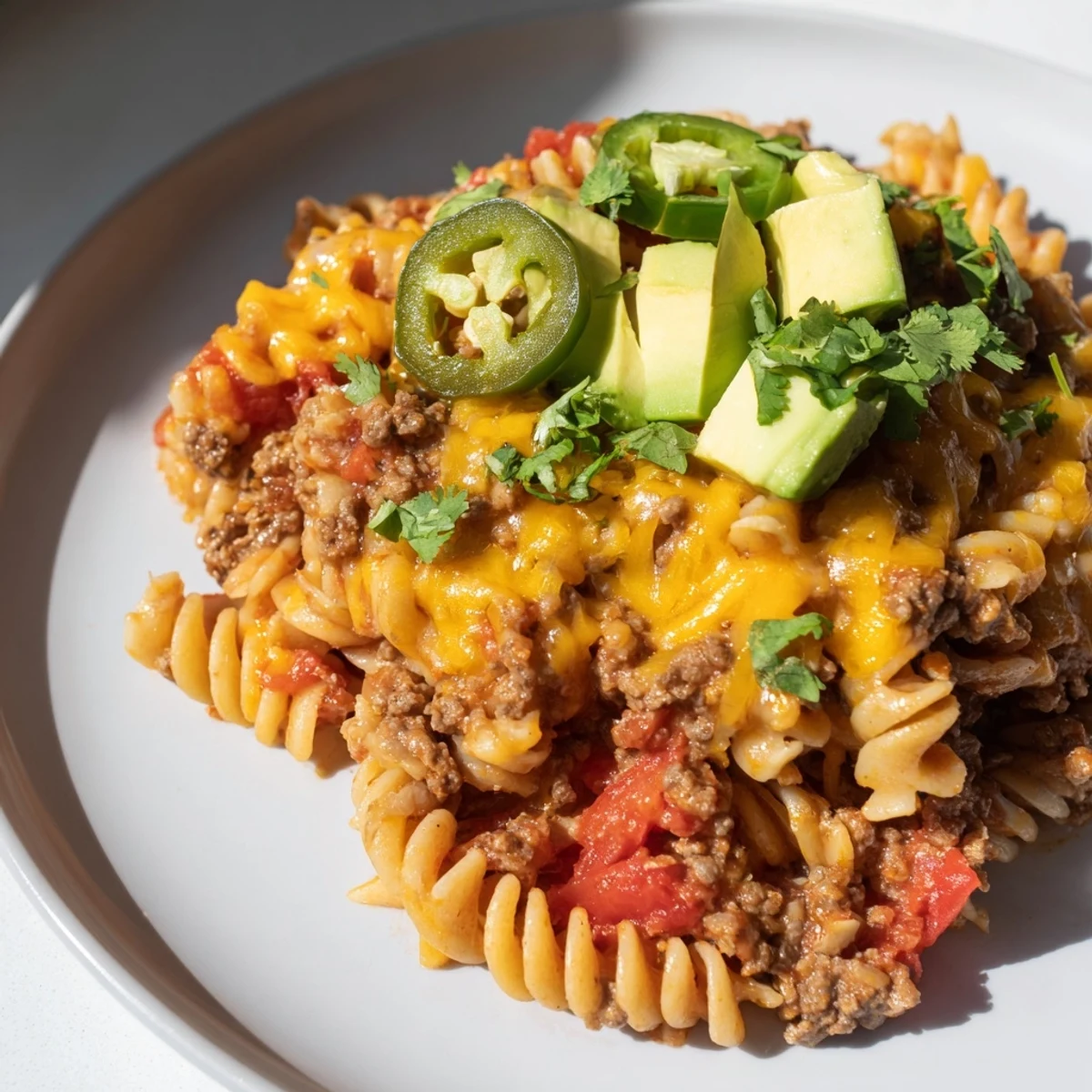 A steaming skillet of Beef Taco Pasta, topped with melted cheddar cheese for a hearty meal.