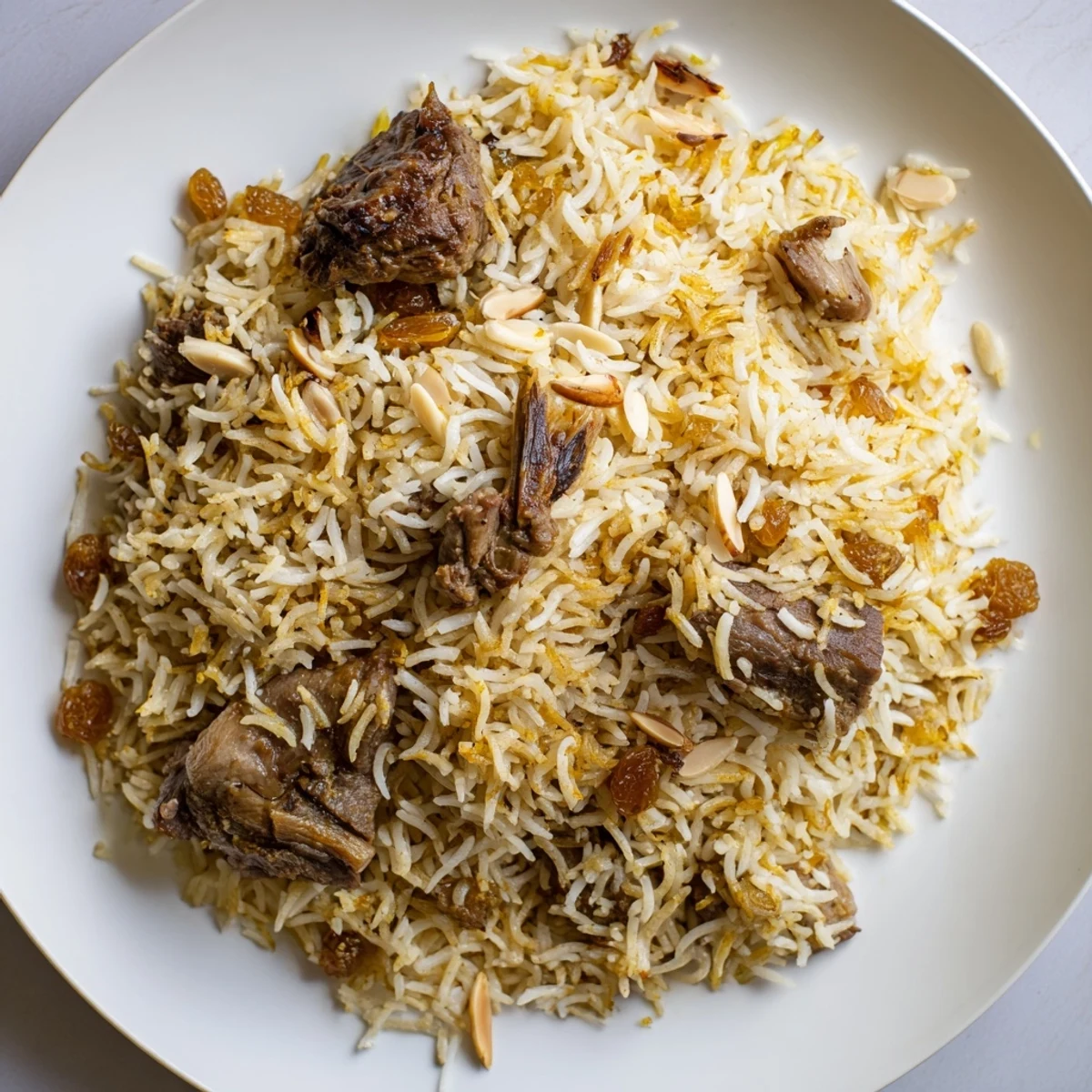 Aromatic steam rising from a generous serving of Saudi Kabsa, garnished with raisins and herbs.