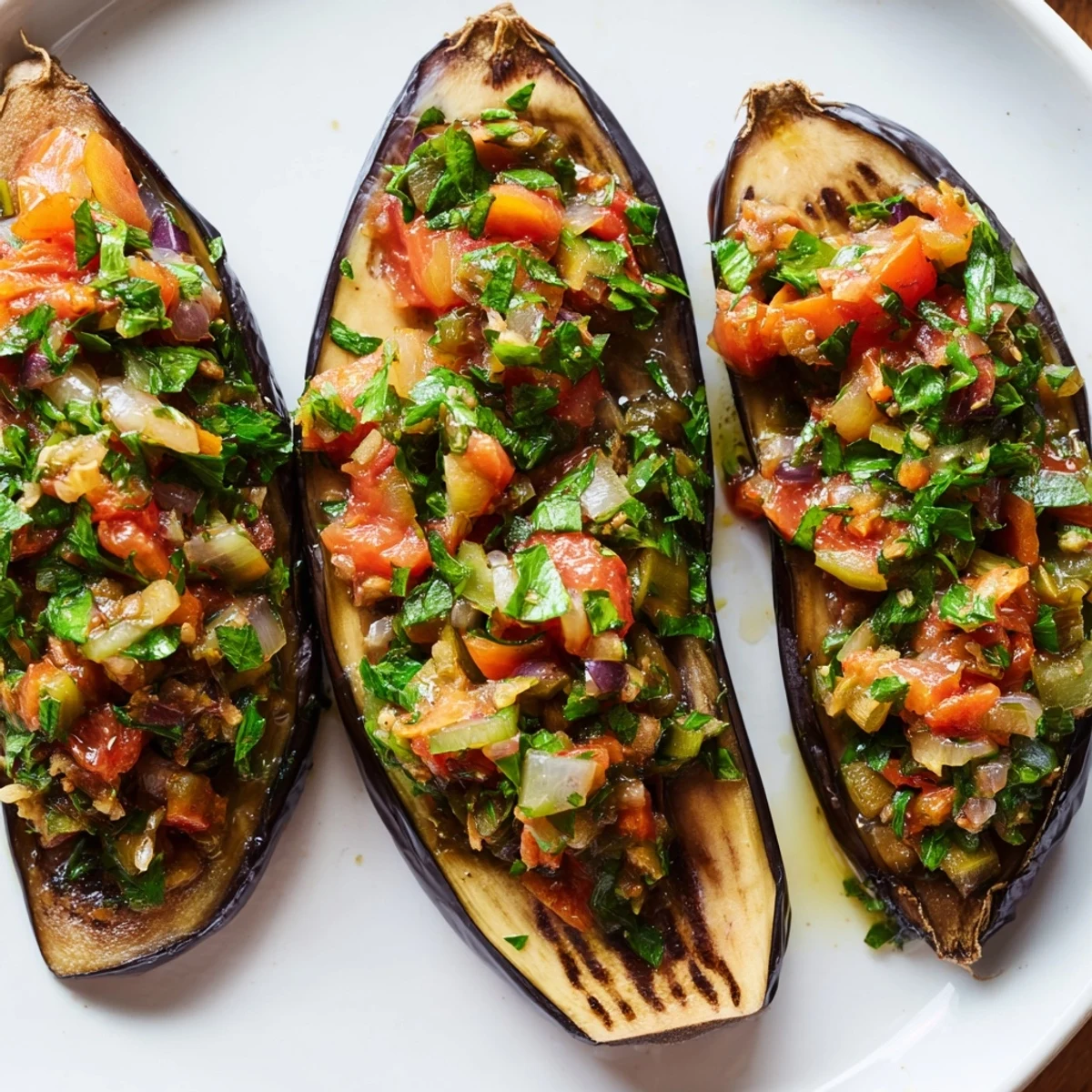 A close-up of tender, baked Imam Bayildi, showcasing the eggplant stuffed with flavorful vegetables.