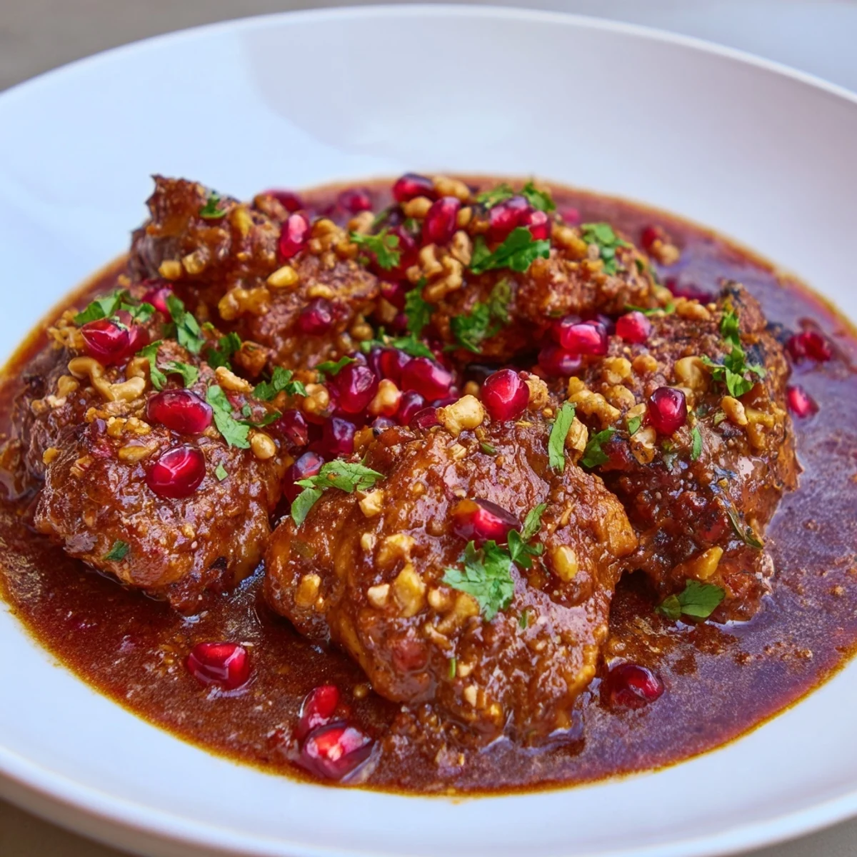 Aromatic, thick Iranian Fesenjan stew, with glistening sauce and chicken, is ready to be served.