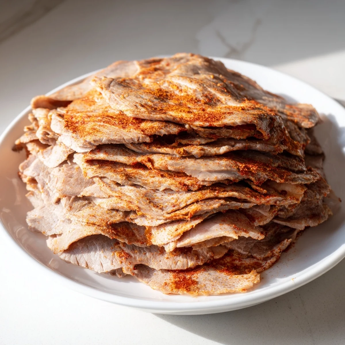 Enjoy a close-up of delicious Turkish Döner, beautifully plated for serving with crisp vegetables and sauces.