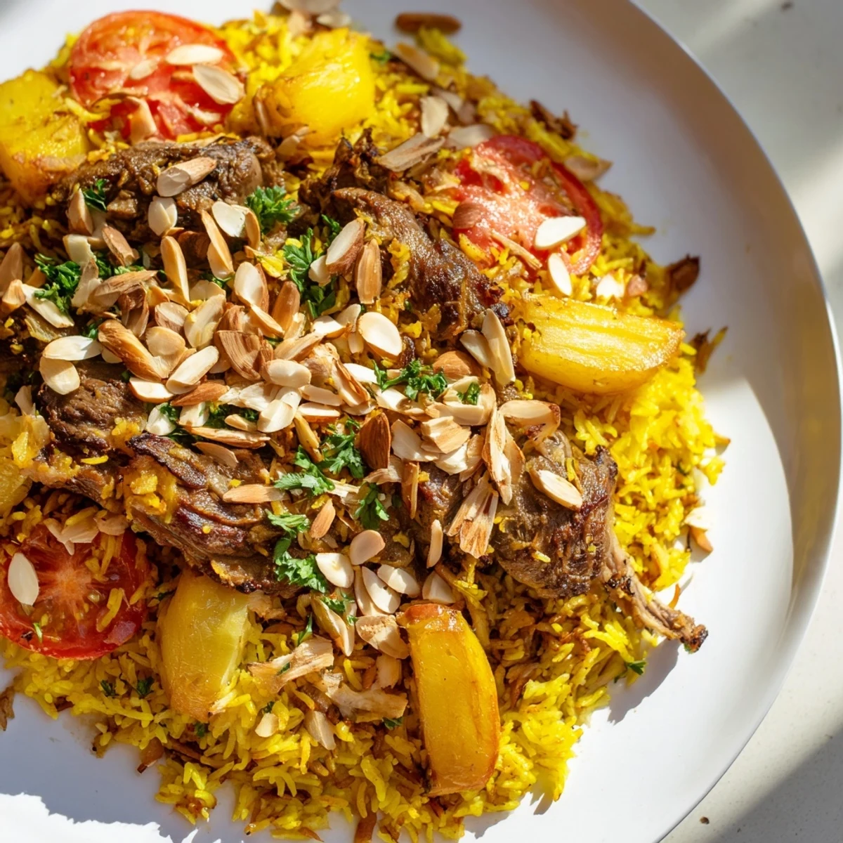 Vibrant image showing the dramatic flip of a perfect Palestinian Maqluba, ready to serve and enjoy.