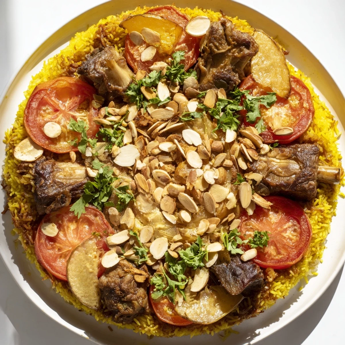 Delicious Maqluba, showcasing tender lamb, fluffy rice, and roasted vegetables in a beautiful presentation, ready to eat.