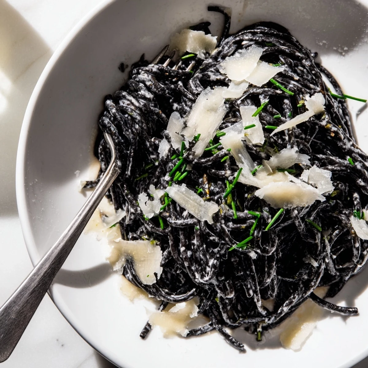 Silky cream sauce clings to dark squid ink pasta, with fresh chives and grated Parmigiano-Reggiano for a restaurant-quality dinner.