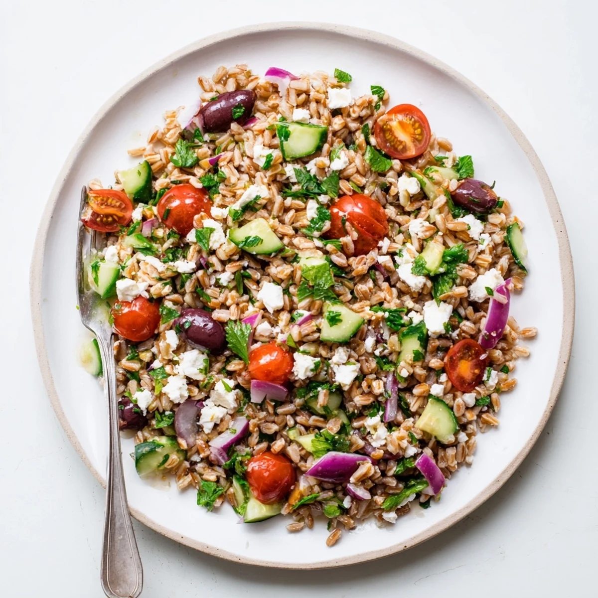 Farro Salad Mediterranean tossed in a zesty lemon-oregano dressing, featuring fresh parsley, mint, and red onion, making a refreshing vegetarian side dish for a sunny picnic.  