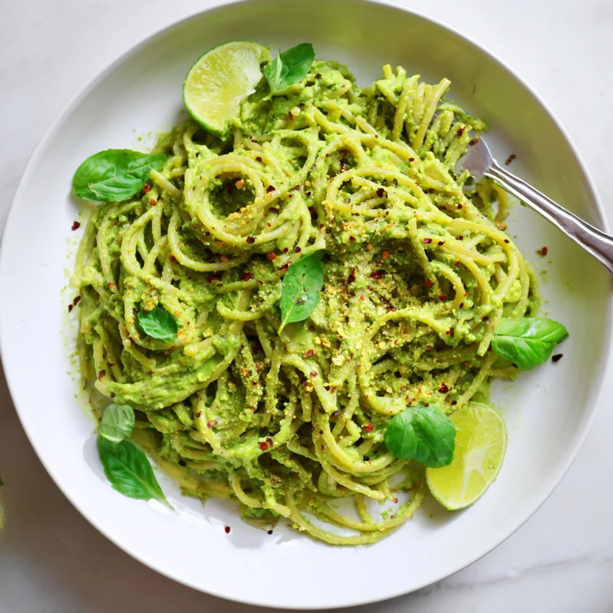 Plate of vibrant Smashed Avocado Pasta garnished with lime zest and a drizzle of olive oil.