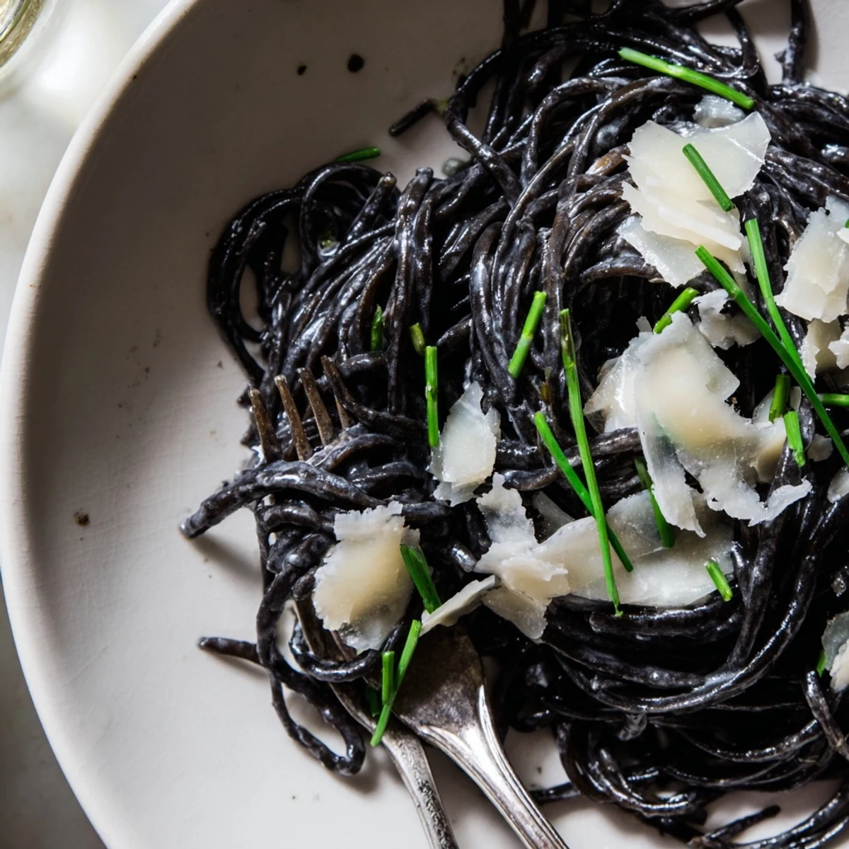 Black squid ink pasta with creamy sauce garnished with chives and lemon wedges, served elegantly on a white plate.