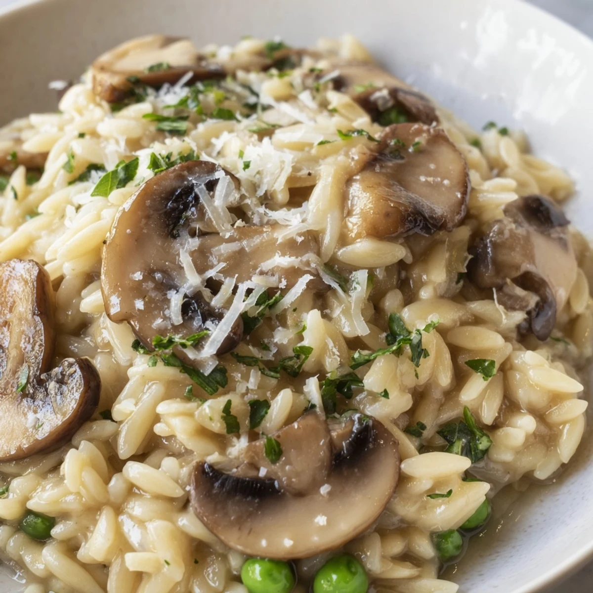 A steaming skillet of orzo mushroom risotto-style with sautéed mushrooms, peas, and a rich, cheesy finish.  