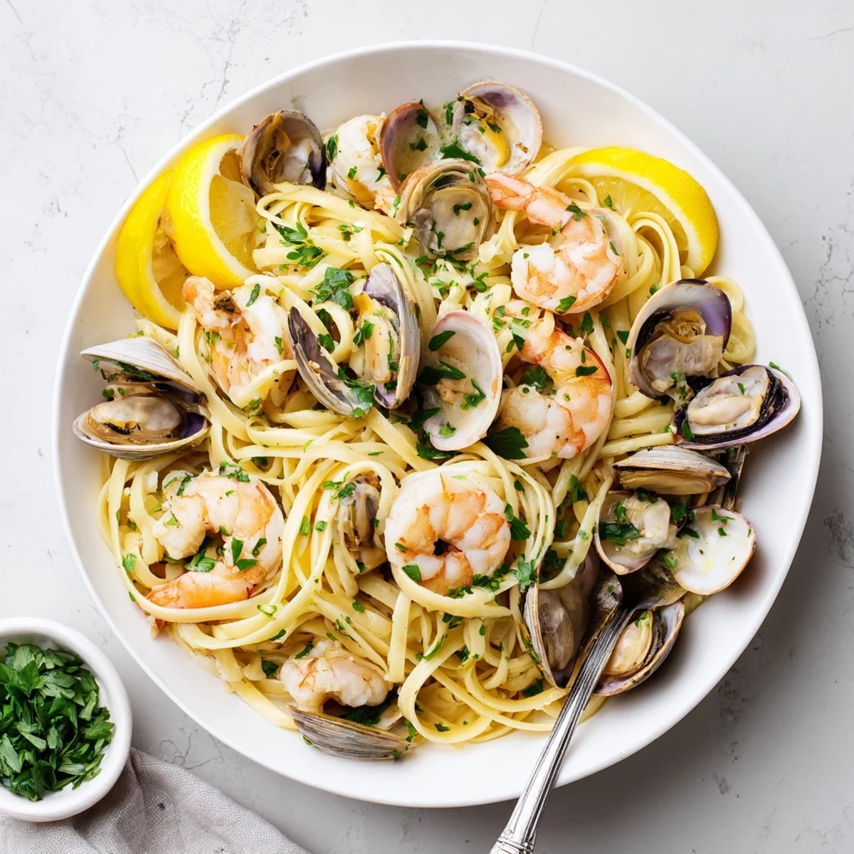 Bright green parsley and lemon wedges garnish a steaming plate of Seafood Linguine, loaded with shrimp, clams, and mussels in a glossy white wine and garlic sauce.  