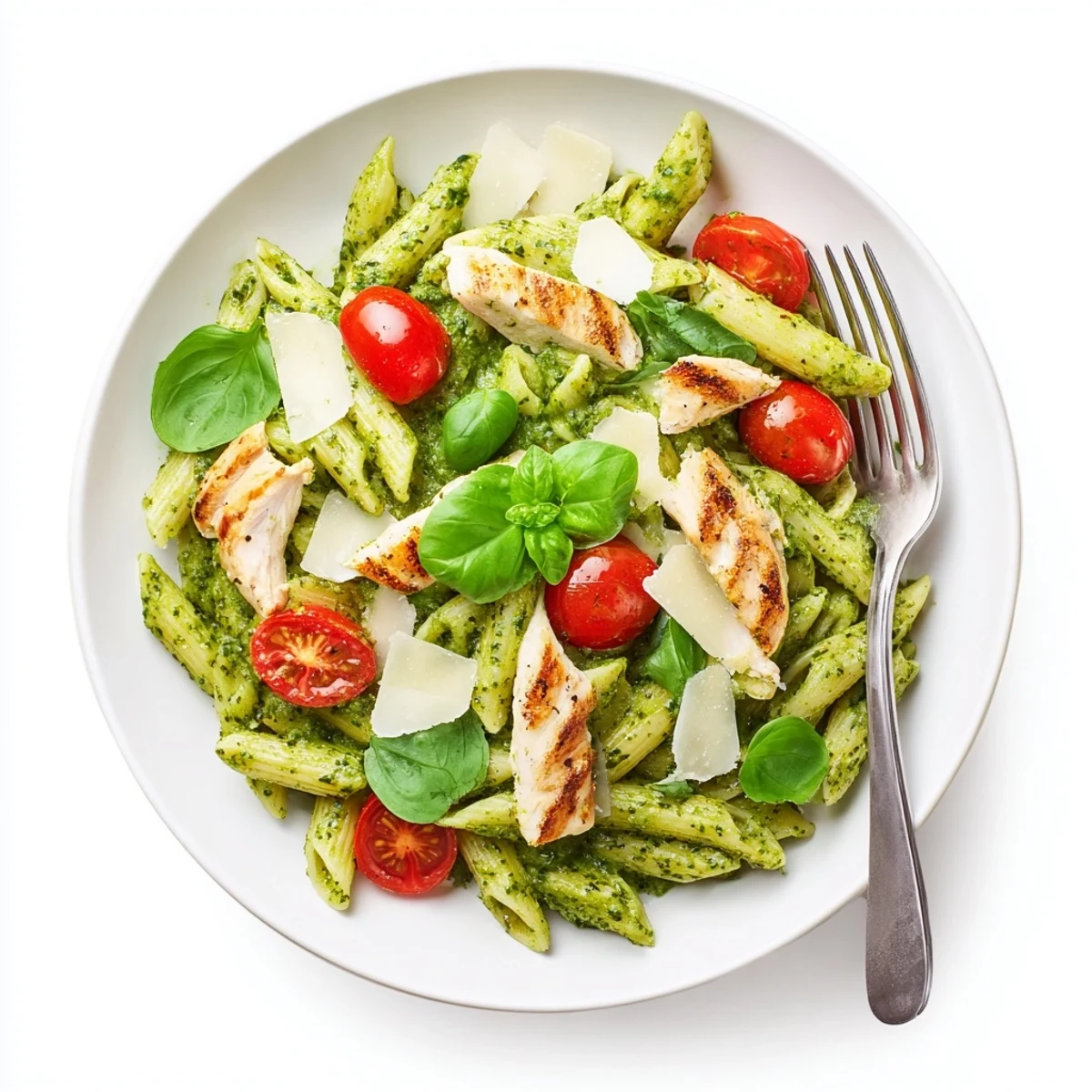 Steaming bowls of Pesto Chicken Pasta feature grilled chicken slices and al dente penne coated in vibrant green basil sauce.
