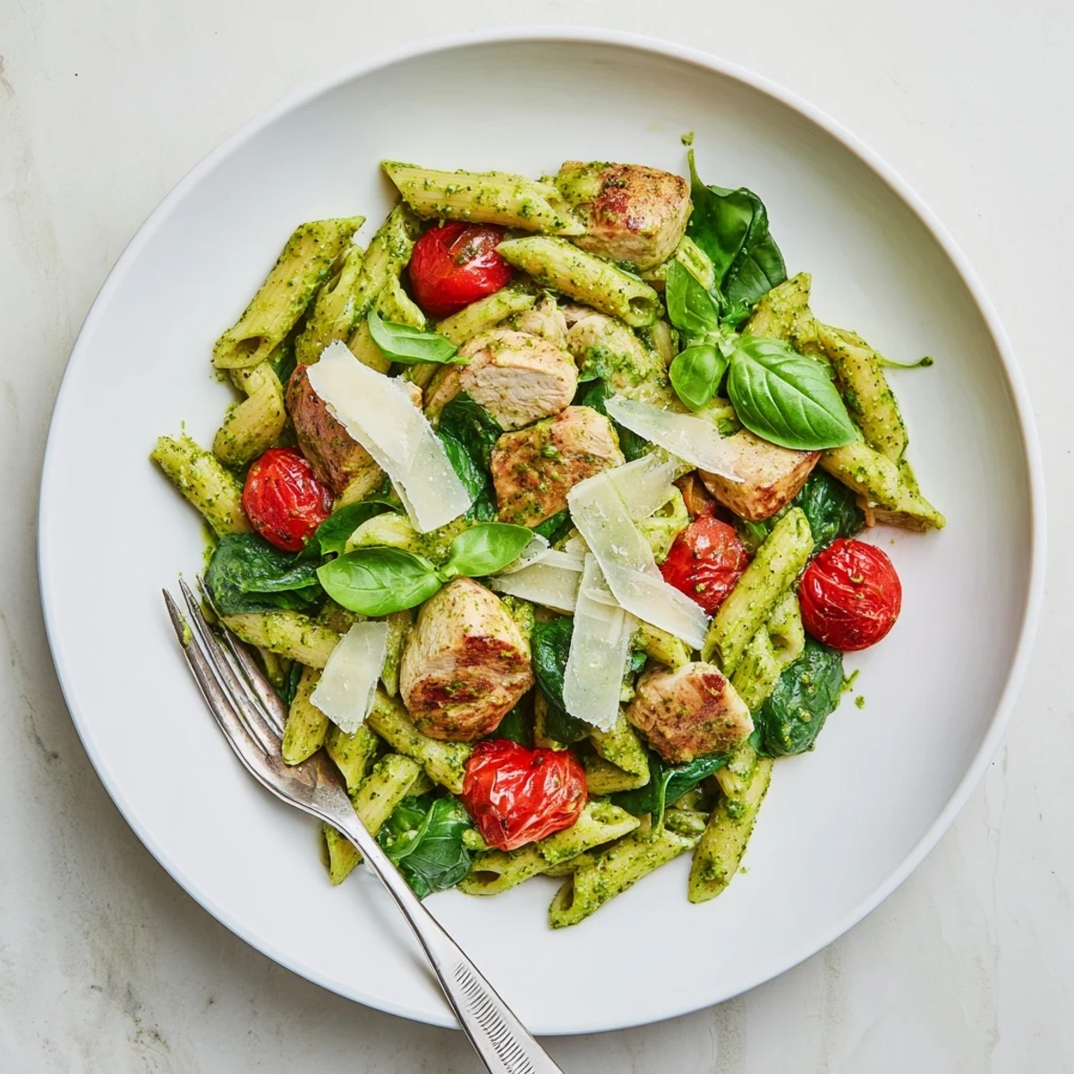 Perfect weeknight dinner: Pesto Chicken Pasta with juicy grilled chicken and fragrant store-bought pesto tossed over pasta.