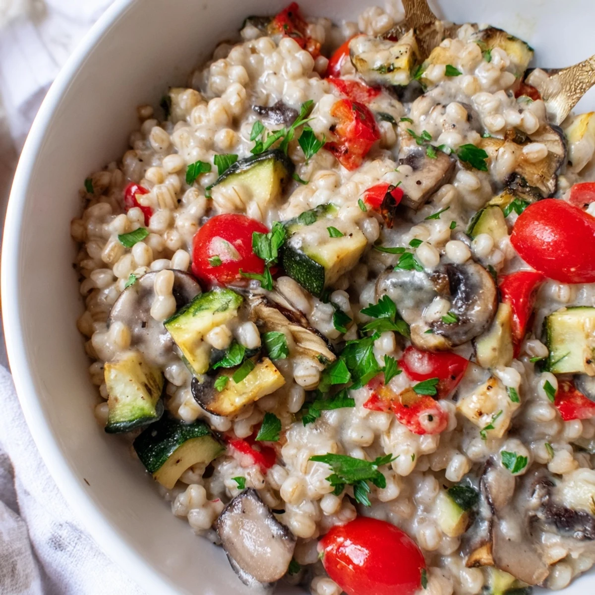 Creamy pearled barley bowl topped with golden oven-roasted zucchini, bell peppers, and cherry tomatoes, garnished with fresh parsley.