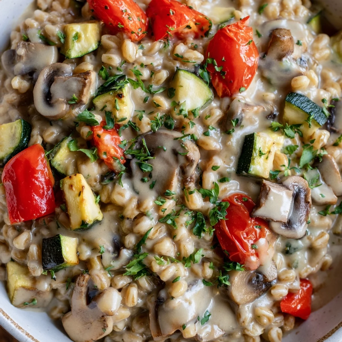 A hearty vegetarian dinner of creamy pearled barley and thyme-roasted vegetables, served warm in a rustic white bowl.