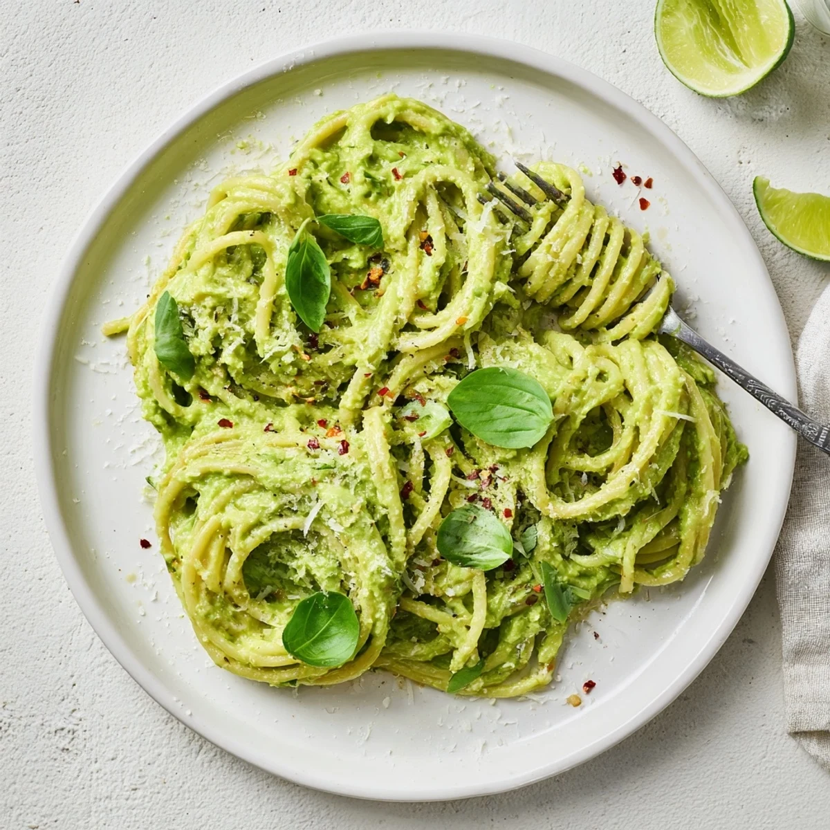 Two forks twirl Smashed Avocado Pasta in a ceramic bowl with fresh basil and chili flakes.