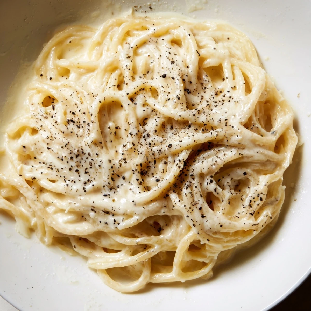 Close-up of a bowl of Spaghetti Cacio e Pepe, with freshly grated Pecorino Romano and cracked black pepper coating the al dente strands.  