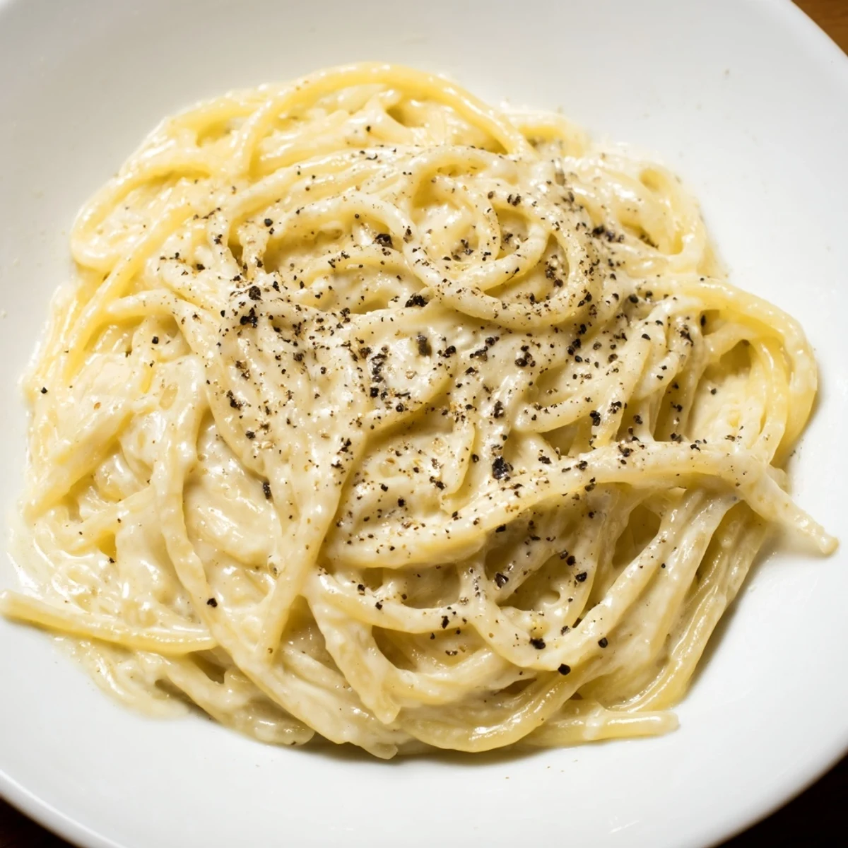 Fork lifting a portion of Spaghetti Cacio e Pepe, showing the creamy, emulsified sauce clinging to each strand.