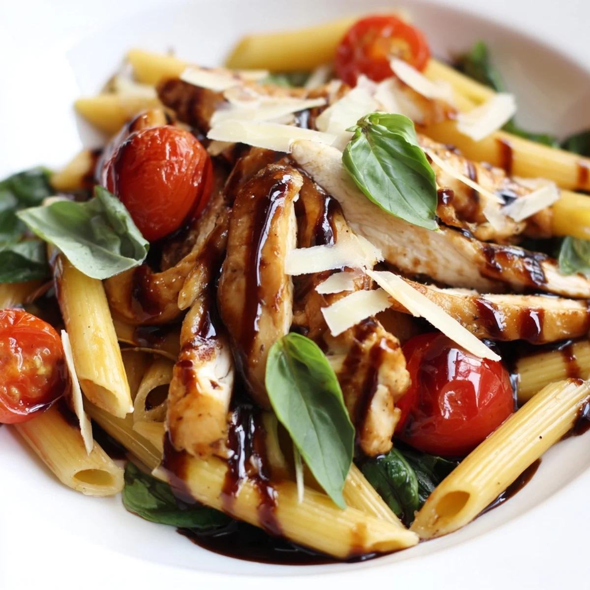 Tender chicken strips glazed in a tangy balsamic reduction tossed with penne pasta, cherry tomatoes, and fresh spinach.  