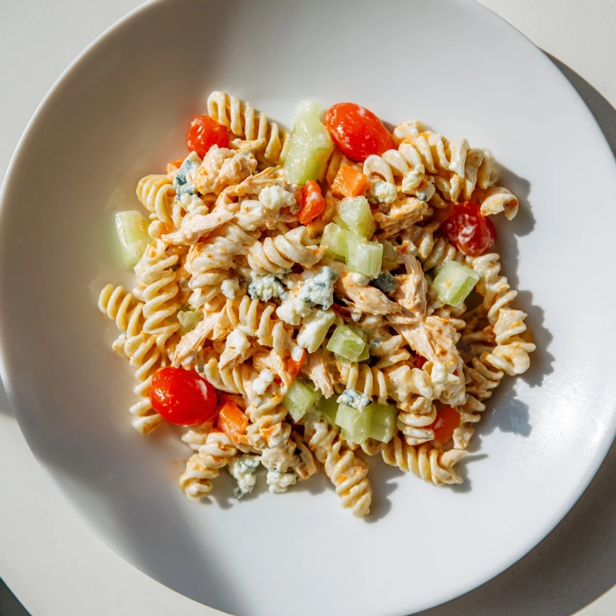 Creamy Buffalo Chicken Pasta Salad with shredded chicken, crunchy celery, and tangy blue cheese garnish, perfect for summer potlucks.