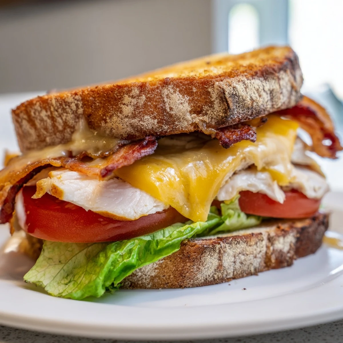 This hearty Turkey Club Grilled Cheese features buttery toasted bread, savory layers, and melted cheese for a comforting American meal.