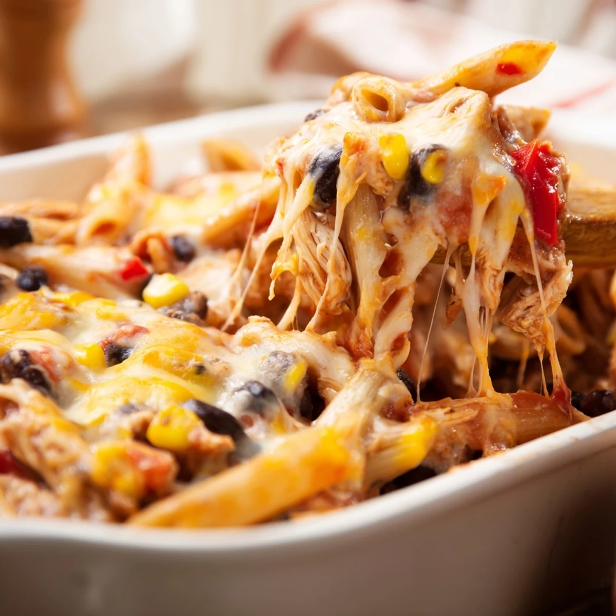 Golden-brown Chicken Burrito Pasta Bake bubbling with melted cheese, black beans, and red bell peppers in a baking dish.