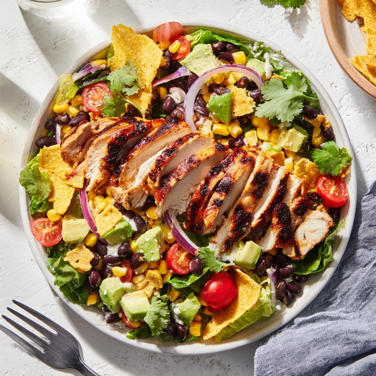 A close-up of Honey Lime Chicken Taco Salad with grilled chicken slices, ripe avocado, and corn on a bed of crisp romaine lettuce.