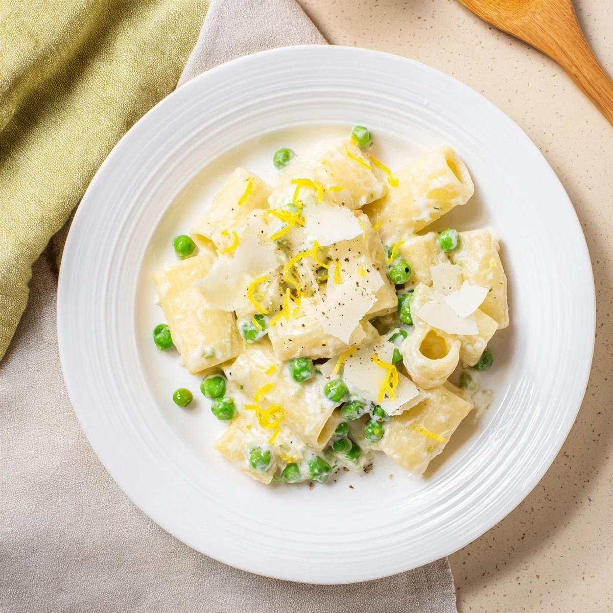 Steaming rigatoni tossed with ricotta, peas, and lemon juice makes a light Pea & Lemon Ricotta Pasta, perfect for spring weeknight dinners.