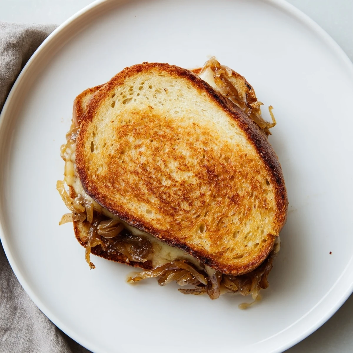 This gourmet Caramelized Onion & Gruyère Grilled Cheese is paired with a green salad on a rustic wooden table, highlighting the toasted exterior.